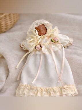 Vintage Black Porcelain Baby Doll 9” Lace Christening Gown Pink Roses